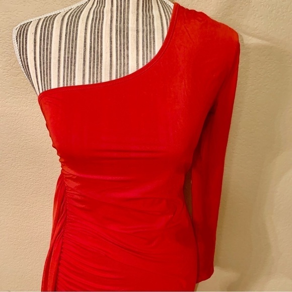 NEW Sexy Bodycon Dress Small Red Maxi Spandex Stretch One Sleeve Ruffled NWOT - Picture 5 of 14
